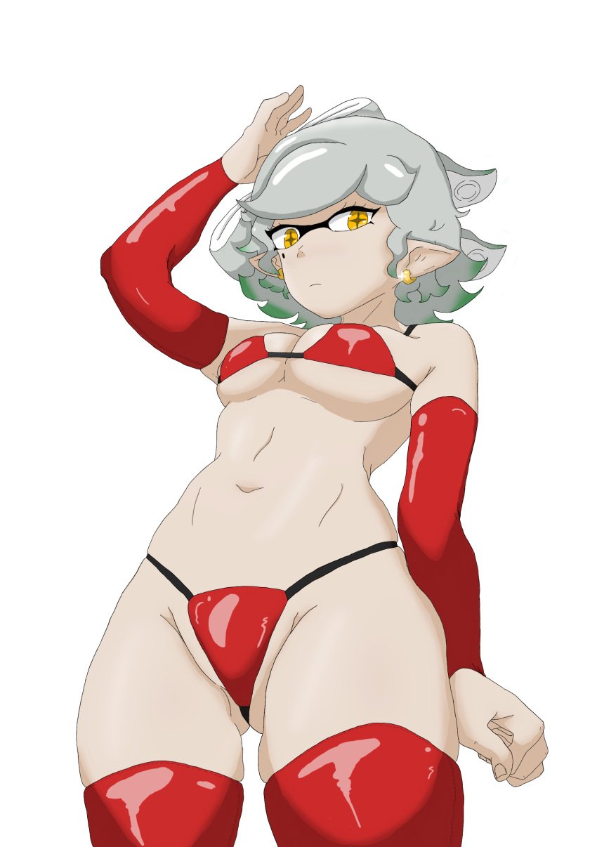 bikini green_hair grey_hair latex_bikini marie_(splatoon) splatoon tentacle_hair white_skin yellow_eyes