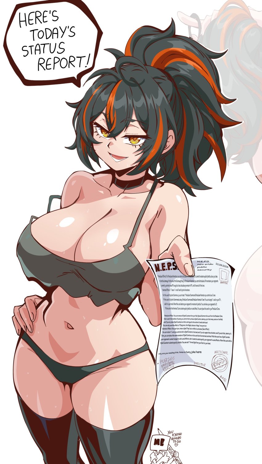 absurdres ass_peek black_hair breasts female hair_between_eyes highres large_breasts lewdamone long_hair looking_at_viewer multicolored_hair navel orange_eyes panties pointy_chin ponytail red_hair stomach streaked_hair underwear zenless_zone_zero zhu_yuan