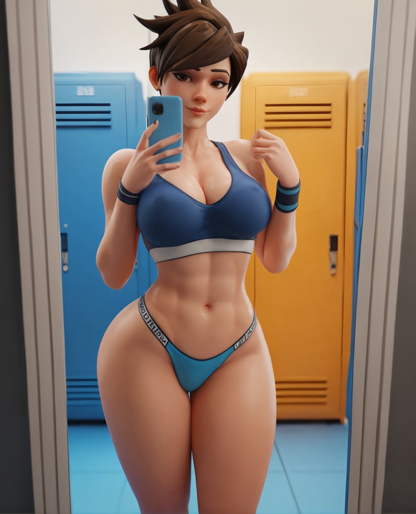 1female 1girls 3d abs ai_generated athletic_female bare_legs bare_shoulders belly_button big_breasts british_female brown_eyes brown_hair cleavage clothed curvaceous curvy curvy_body curvy_female curvy_figure curvy_hips female_focus female_only freckles fremorg hourglass_figure huge_ass large_ass large_breasts lena_oxton light-skinned_female locker_room midriff mirror_selfie muscles muscular_female nipple_bulge overwatch overwatch_2 phone pose selfie shiny_skin six_pack skimpy_clothes slim_waist smartphone smile solo solo_female stable_diffusion standing thick_legs thick_thighs thong toned toned_female tracer voluptuous voluptuous_female wide_hips workout_clothes wristwear