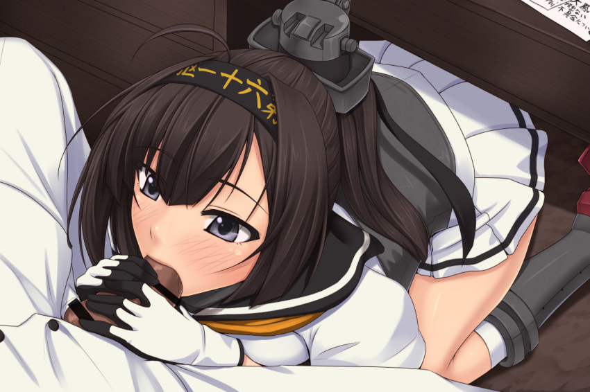 1boy admiral_(kantai_collection) akitsuki_karasu akizuki_(kantai_collection) brown_hair censored desk fellatio female gloves grey_eyes hairband kantai_collection kneeling machinery oral penis pointless_censoring ponytail school_uniform serafuku shirt skirt tied_hair under_table white_gloves