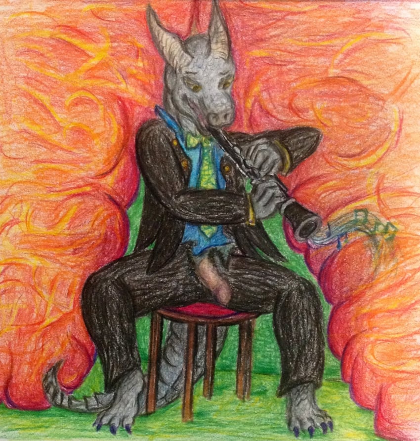 4_toes aeveirra anthro barefoot chair clarinet claws color dragon front_view horns instrument male male_only necktie penis scalie sitting solo suit traditional_media