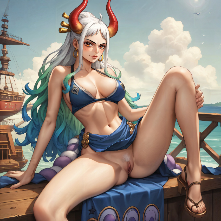 1girls ai_generated bikini_top blush blush_lines female female_only hair_ornament hoop_earrings horns long_hair looking_at_viewer multicolored_hair navel no_panties ocean_background one_piece open_toe_shoes orange_eyes_female pubic_hair pussy sitting skorpa52 solo_female yamato_(one_piece)