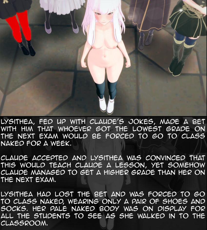 2022 3d 5girls absurd_res audience black_socks blush breasts breasts_out classroom clenched_fist clenched_fists clenched_hand clenched_hands closed_mouth clothed_female clothed_female_nude_female clothed_on_nude constance_von_nuvelle edelgard_von_hresvelg embarrassed embarrassed_nude_exposure embarrassed_nude_female embarrassment english_text erect_nipples exhibitionism exposed exposed_breasts feet_together female female_only fire_emblem fire_emblem:_three_houses forced_exhibitionism forced_exposure hilda_valentine_goneril humiliation koikatsu long_hair looking_away looking_down lost_bet lysithea_von_ordelia medium_breasts mercedes_von_martritz multiple_girls navel nipples nude nude_female nude_in_public out_of_frame pale-skinned_female pale_skin pink_eyes pink_nipples public public_exposure public_humiliation public_nudity punishment shaved_crotch shaved_pussy shoes shoes_only socks socks_only solo_focus text thick_thighs thigh_socks thighhighs two_panel_image white_hair wide_hips yumi_(artist)