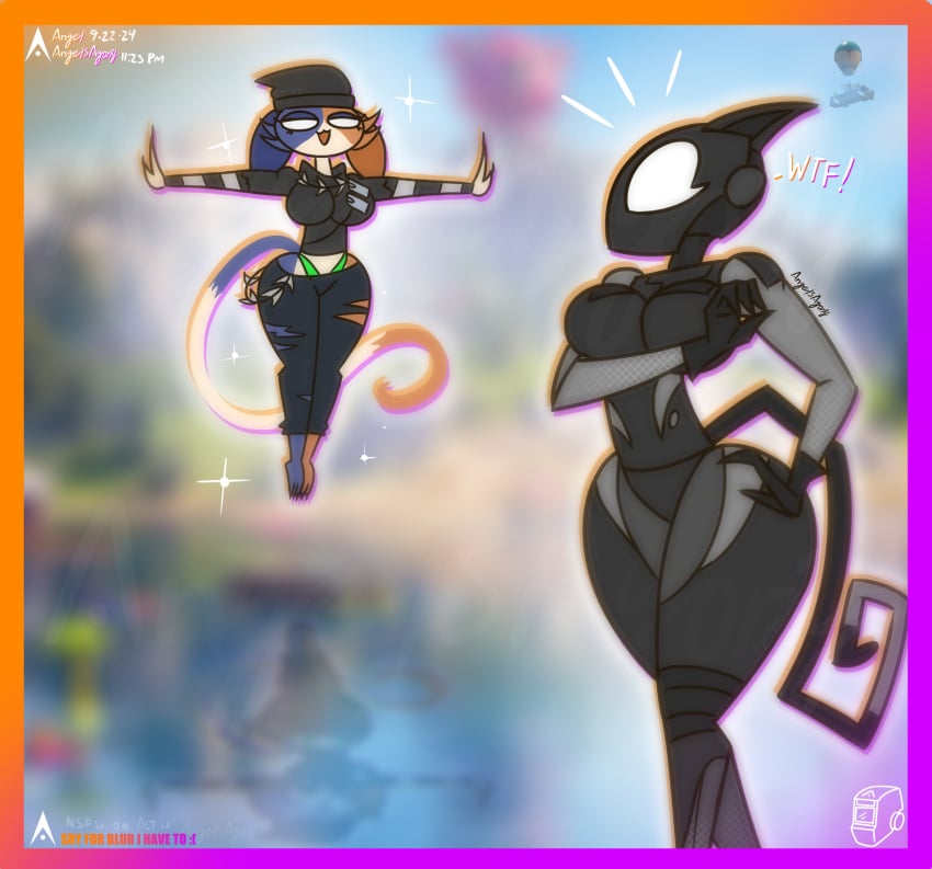 2girls agonywelds angelsagony arms_out ass cat_ears cat_tail catgirl curvy fortnite fortnite:_battle_royale lynx_(fortnite) meme meow_skulls_(fortnite) panties robot robot_girl text thick_ass thick_thighs thighs thong underwear wide_hips