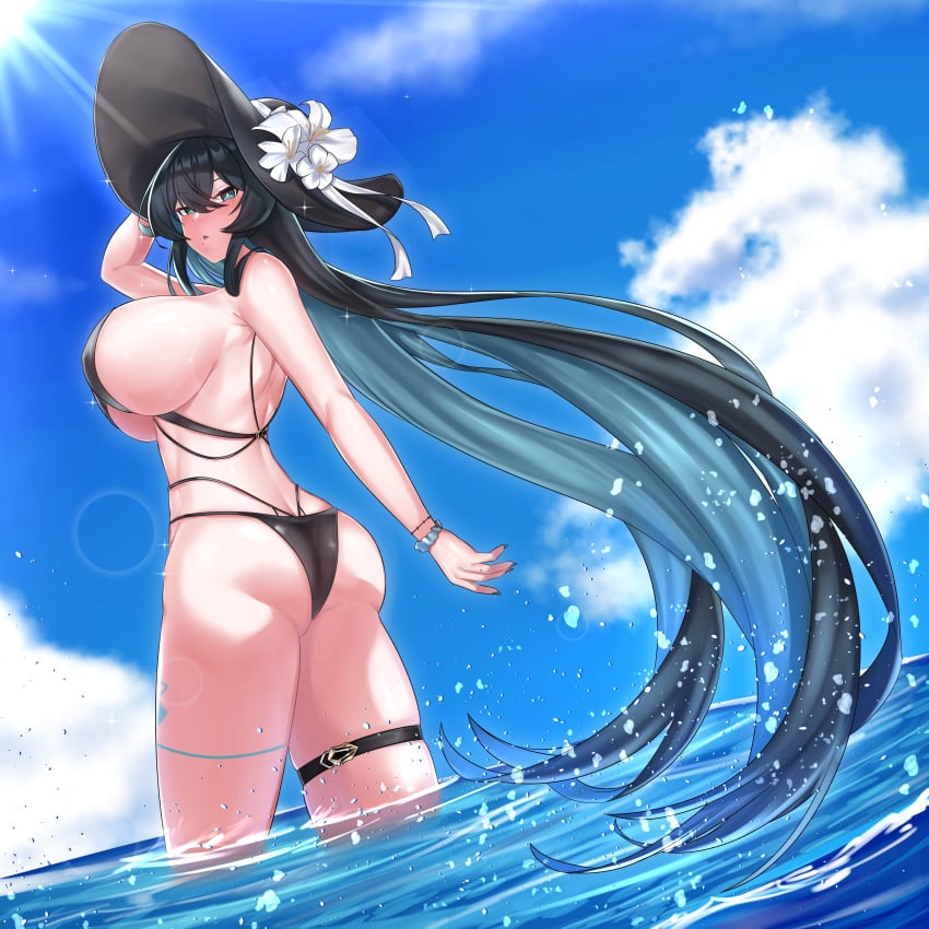 absurdres aqua_lips arm_behind_head ass bikini black_bikini black_hair blue_eyes blue_hair blue_sky bracelet breasts bright_pupils cloud colored_inner_hair counter:side crossed_bangs female flower hair_between_eyes hat hat_flower highres huge_breasts jewelry layered_bikini leg_tattoo long_hair looking_at_viewer mapyarong mole mole_under_mouth multicolored_hair nail_polish parted_lips plaga_(counter:side) scrunchie sideboob skindentation sky solo sun_hat sunlight swimsuit tattoo thigh_strap thighs very_long_hair wading water white_pupils wrist_scrunchie