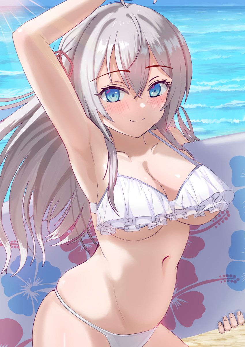 absurdres alisa_mikhailovna_kujou arm_up artistic_error bikini blue_eyes breasts cleavage commentary_request cowboy_shot female floral_print frilled_bikini frills grey_hair hair_between_eyes highres large_breasts long_hair navel rainbow_ninjin smile solo surfboard swimsuit tokidoki_bosotto_russian_de_dereru_tonari_no_alya-san underboob water white_bikini