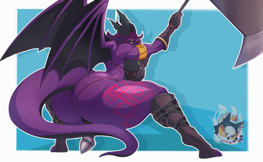 absurd_res anthro ass axe big_breasts big_butt bikini bikini_thong breasts clothing crouching dragon female hi_res holding_melee_weapon holding_object holding_weapon huge_butt melee_weapon membrane_(anatomy) membranous_wings mr._deathcat mythological_creature mythological_scalie mythology purple_body scalie solo swimwear two-piece_swimsuit weapon wings