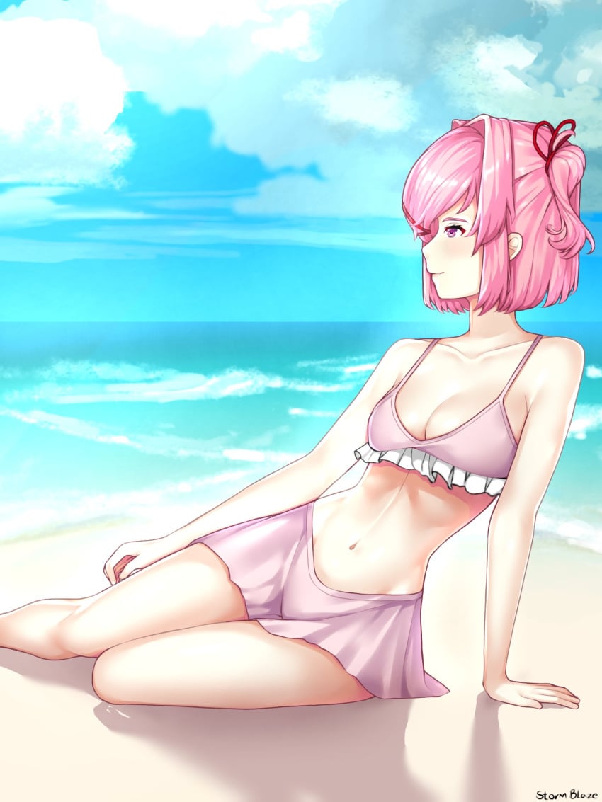 1girls beach doki_doki_literature_club lying lying_down lying_on_sand natsuki_(doki_doki_literature_club) pink_bikini pink_eyes pink_hair storm_blaze stormblaze76 sun sunlight viewed_from_sea watching