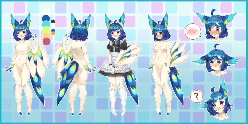 2018 4_fingers absurd_res anthro ass avian beak bird blue_hair blush bodily_fluids breasts clothing color_scheme embarrassed feathers female fingers fur genitals hair hi_res inner_ear_fluff maid_headdress maid_uniform model_sheet navel nipples nude nude_anthro oko-san pussy question_mark red_eyes simple_background solo speech_bubble tears tuft uniform white_body white_fur