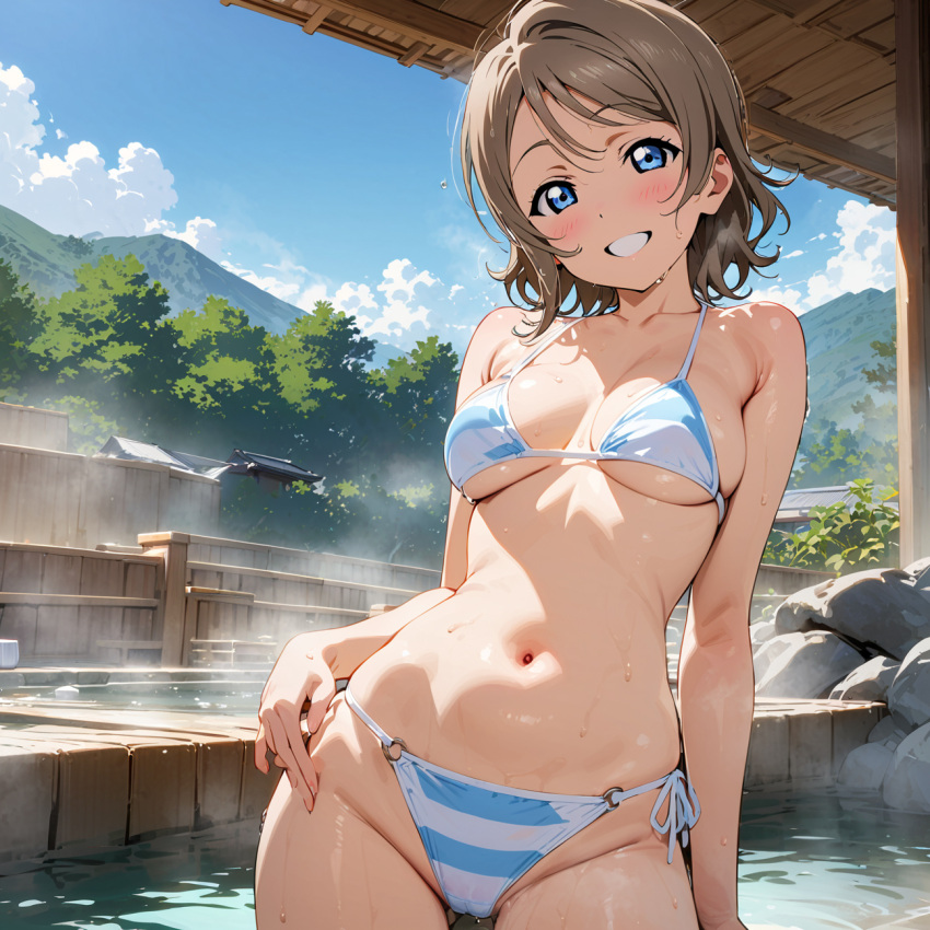 ai_generated bikini breasts brown_hair cleavage female love_live! love_live!_sunshine!! medium_breasts navel onsen short_hair solo stomach swimsuit watanabe_you wet