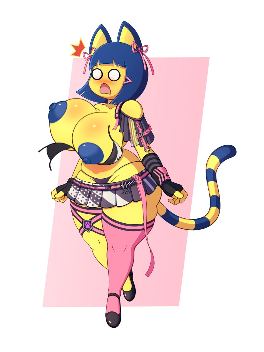 absurd_res animal_crossing ankha ankha_(animal_crossing) anthro areola ass belt big_breasts big_butt blush bottomwear bouncing_breasts bow_ribbon bra breasts clothing cosplay domestic_cat dress felid feline felis female fingerless_gloves footwear gloves goddess_of_victory:_nikke handwear hi_res huge_breasts legwear mammal nero_(nikke) nintendo nipples panties raki_boi ribbons shocked shoes short_stack skirt solo stockings thick_thighs underwear wardrobe_malfunction