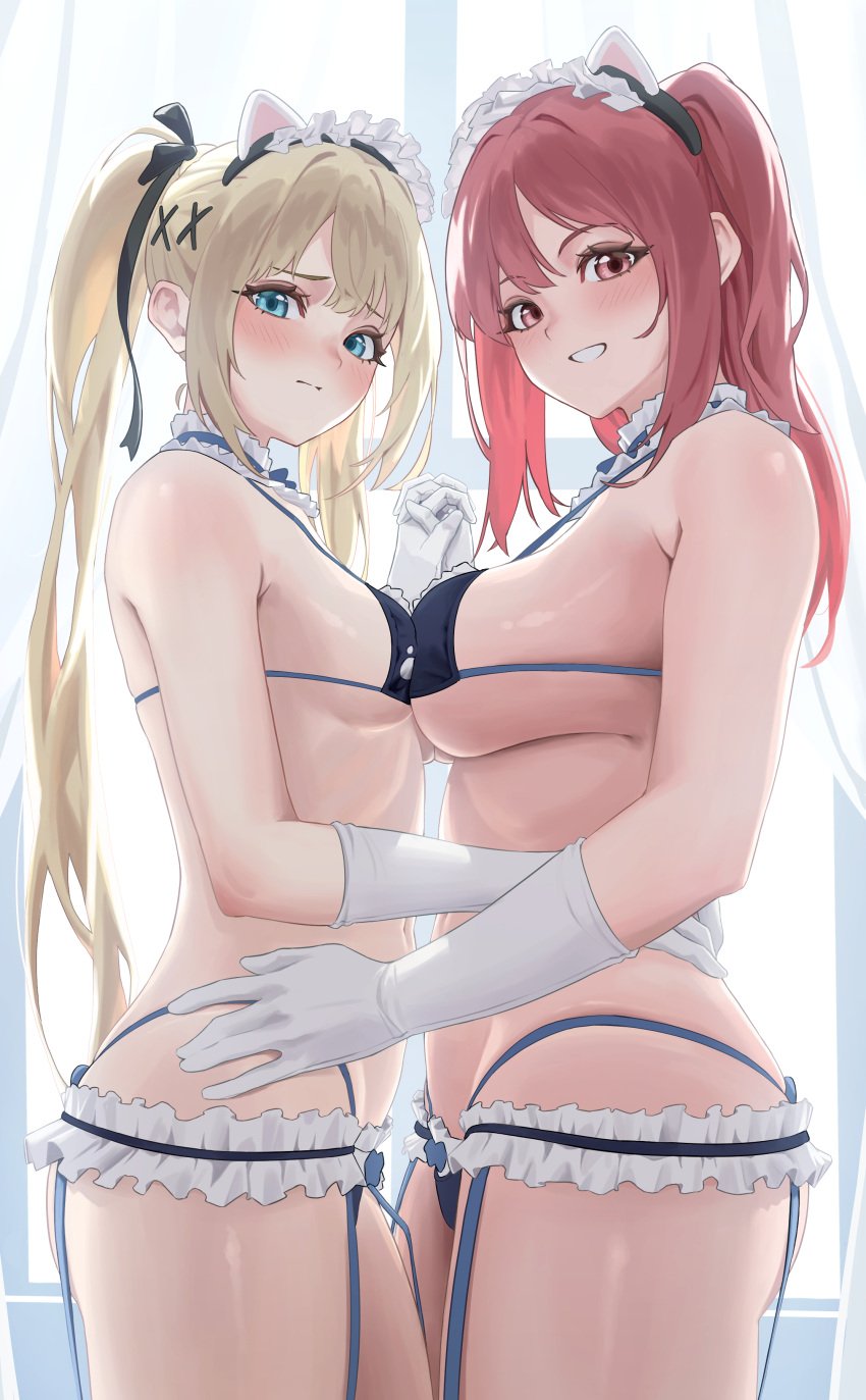 2girls absurd_res asymmetrical_docking big_breasts bikini blonde_hair blue_eyes blush breast_press breasts cat_ears dead_or_alive elbow_gloves female female_only frills gloves hair_ornament hairband hi_res highleg hoki1314 holding_hands honoka_(doa) interlocked_fingers lingerie long_hair looking_at_viewer maid_bikini marie_rose medium_hair micro_bikini pink_eyes pink_hair ponytail sideboob sidelocks small_breasts smile smiling standing team_ninja tecmo twintails wide_hips yuri