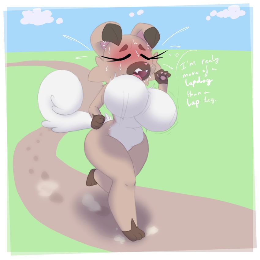 anthro big_breasts bit-small blush bodily_fluids breasts cheek_tuft closed_eyes eyelashes facial_tuft female huge_breasts neck_tuft nintendo pokémon_(species) pokemon rockruff running simple_background sweat tongue tongue_out tuft video_games