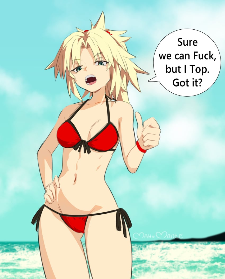 1girls beach blonde_hair dominant_female english_text fate/apocrypha fate/grand_order fate_(series) green_eyes imminent_sex maho_malice mordred_(fate) mordred_(swimsuit_rider) red_bikini solo_female tomboy