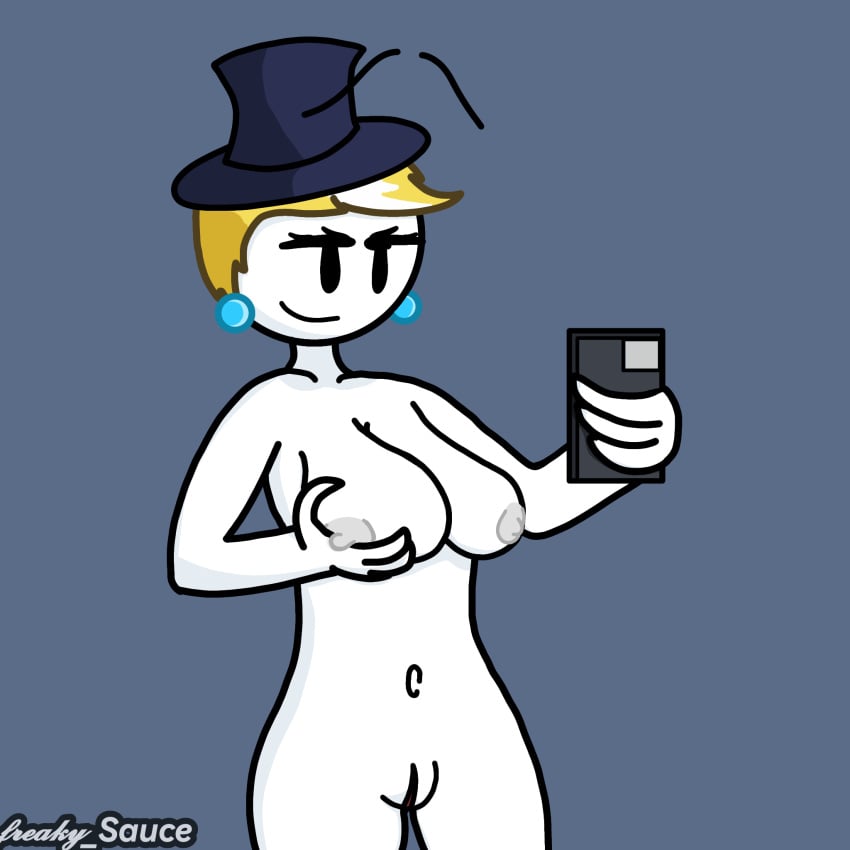 blonde_hair blue_background blue_hat breasts earrings earrings_(henry_stickmin) female hat henry_stickmin_(game) holding_breast naked naked_female nipples nude nude_female phone poorly_drawn pussy selfie smile top_hat white_body white_nipples