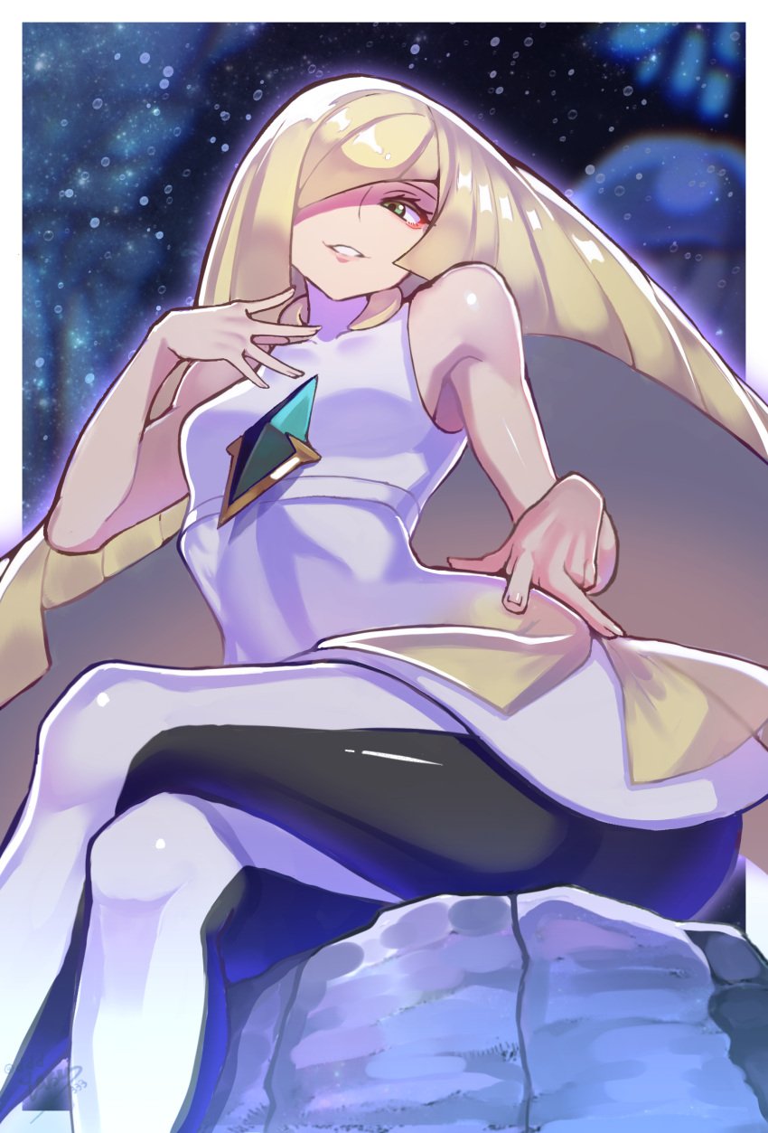 absurdres bare_shoulders black_leggings blonde_hair creatures_(company) dress eyelashes female game_freak gen_7_pokemon green_eyes hair_over_one_eye highres leggings long_hair looking_to_the_side lusamine_(pokemon) nihilego nintendo parted_lips pokemon pokemon_(creature) pokemon_sm sitting sleeveless sleeveless_dress two-tone_legwear ultra_beast very_long_hair white_dress white_leggings yasu_suupatenin