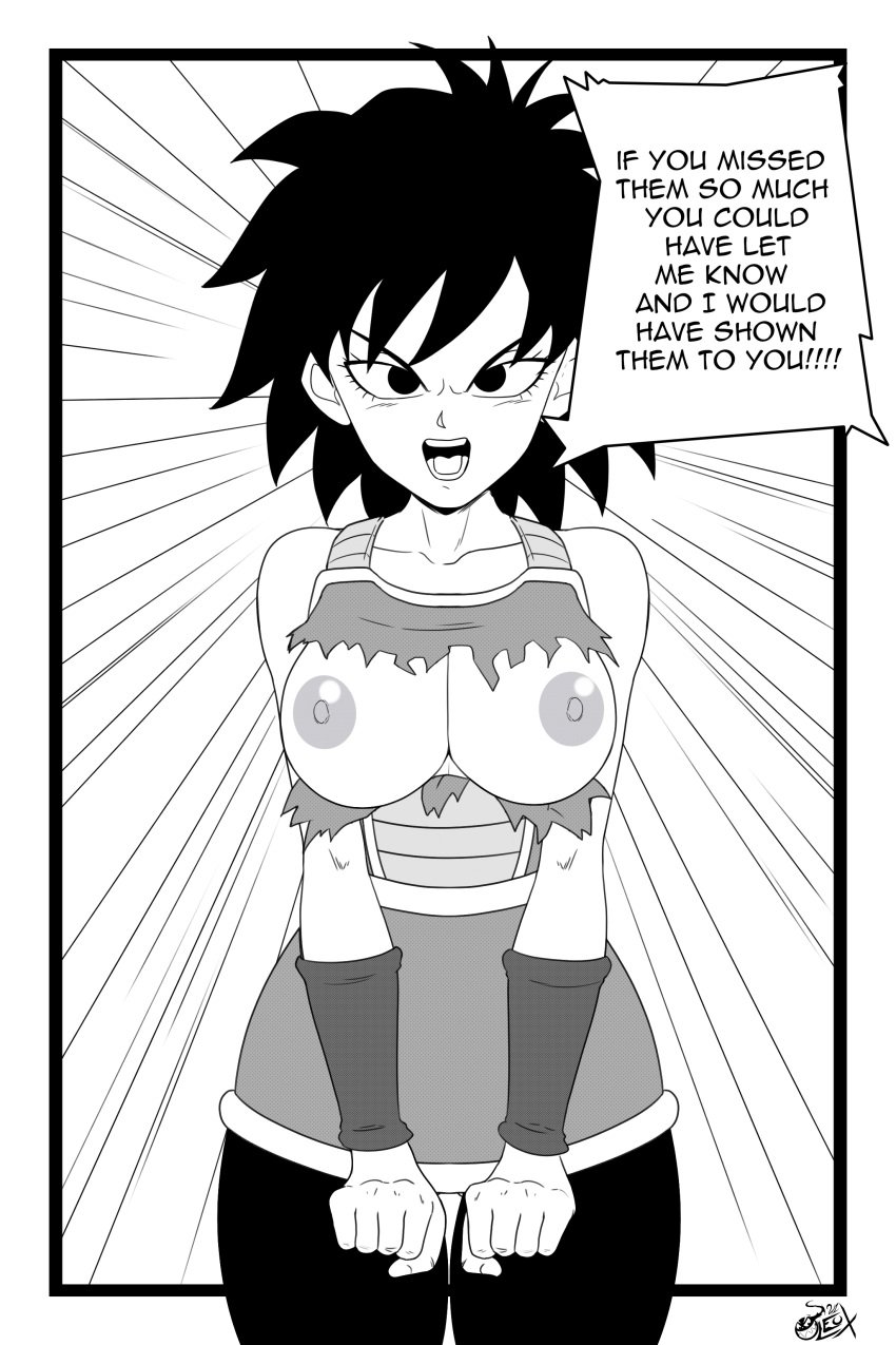 1girls alien alien_humanoid alternate_version_at_source alternate_version_available angry big_breasts black_and_white black_eyes black_hair breasts breasts_out damaged_clothes damaged_clothing dragon_ball dragon_ball_minus dragon_ball_super dragon_ball_super_broly dragon_ball_z english english_dialogue english_text female gine humanoid_alien leux_21 milf monochrome nipples pale-skinned_female pale_skin saiyan saiyan_armor saiyan_girl short_hair shoulder_length_hair shounen_jump shueisha solo solo_female torn_armor torn_clothes torn_clothing unamused