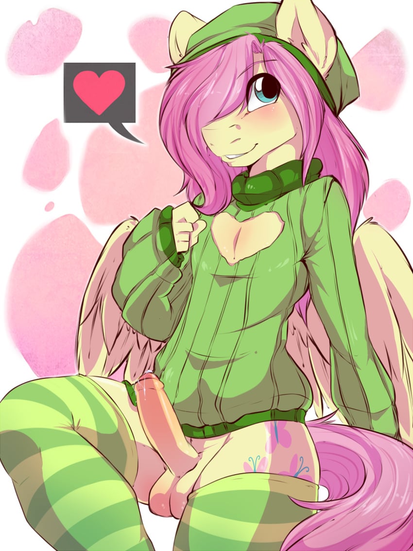 2014 abstract_background anthro anthrofied balls blush butterscotch_(mlp) clothed clothing cutie_mark equine flutterguy fluttershy_(mlp) friendship_is_magic fur girly hair hair_over_eye hat heart human_artist legwear long_hair male mammal my_little_pony no_ai pegasus penis pink_hair precum rainbowscreen rule_63 smile solo straight_hair striped striped_legwear thigh_highs uncut wings yellow_fur