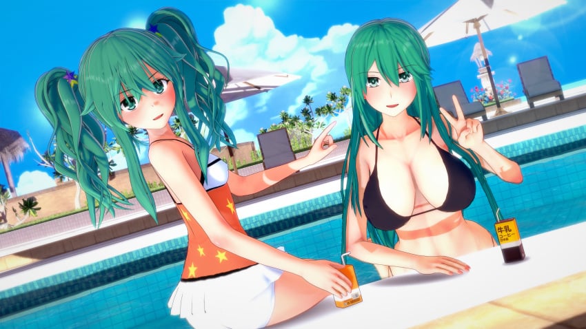 2girls 3d 3d_(artwork) ass belly belly_button big_breasts bikini breasts cleavage date_a_live dr_xidan female female_only green_eyes green_hair koikatsu kyouno_natsumi light-skinned_female long_hair looking_at_viewer pool sisters twintails