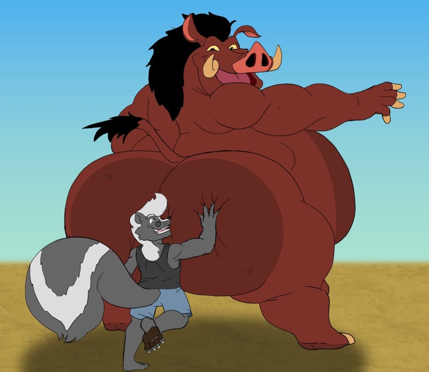 2boys anthro ass belly big_ass big_belly big_butt big_tail bigger_male black_fur black_hair brown_body brown_skin butt chubby claws clothed clothing disney duo fat feet gray_body gray_fur grey_body grey_fur hand_on_butt hi_res looking_at_another looking_back male male/male male_focus male_only mammal mephitid nude obese obese_anthro obese_male overweight overweight_anthro overweight_male pawpads paws pumbaa ray_rhythmus shorts size_difference skunk striped_tail suid suina tail tank_top the_lion_king thick_thighs warthog white_fur yellow_sclera zayantics