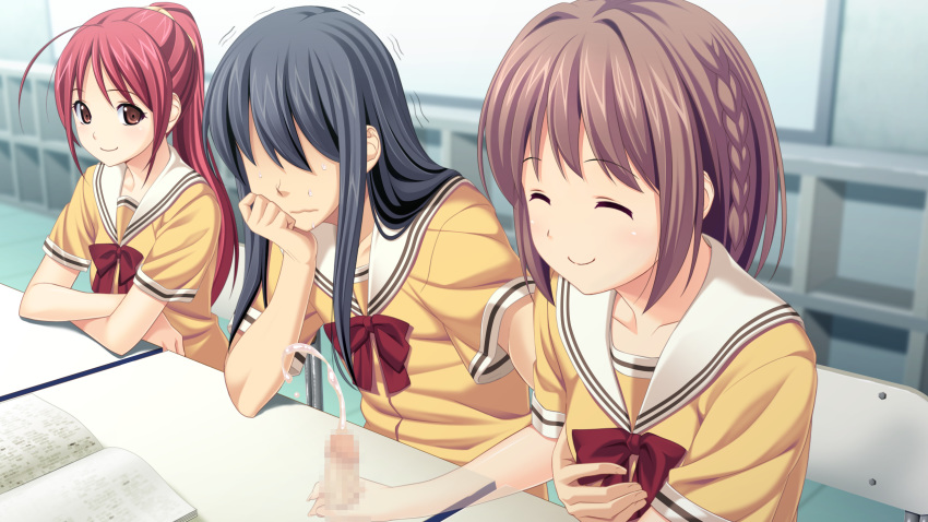 2girls black_hair breast_grab brown_eyes brown_hair censored closed_eyes crossdressing game_cg highres kitami_minamo koigakubo_chihaya koutaro long_hair mosaic_censoring multiple_girls penis ponytail red_hair short_hair smile table tied_hair trap tropical_vacation twinkle_soft