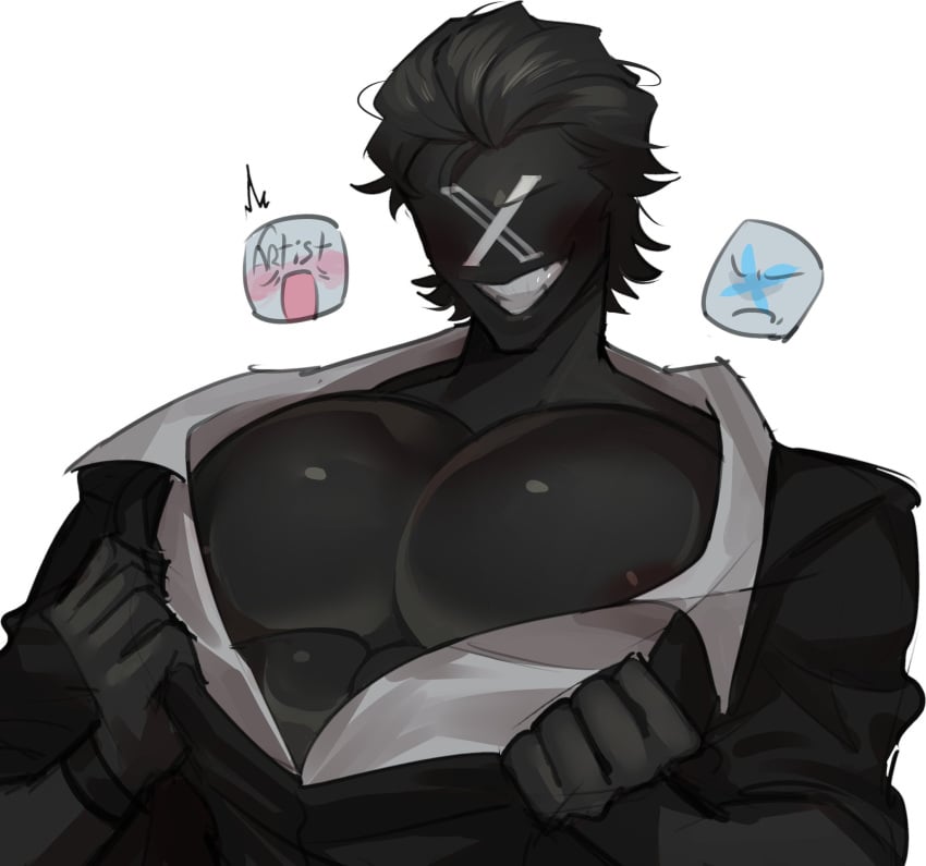 abs big_pecs black_body black_hair blush clothed clothing humanization humanized male male_focus male_only man_boobs muscular muscular_male nipples open_clothes panchyandmaggi pecs showing_pecs smile smiling social_media socialmedia_humanized teeth twitter x_(social_media)