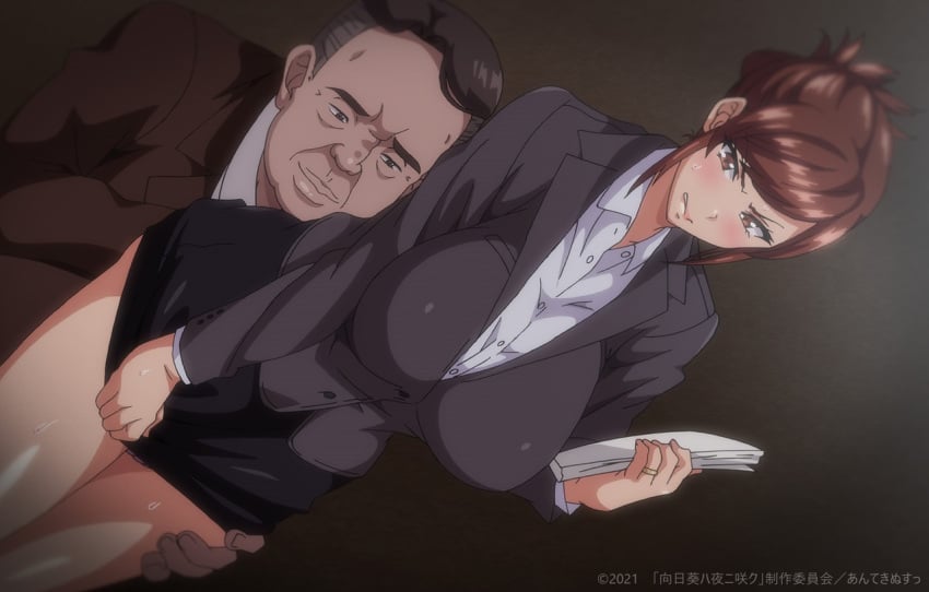 1boy 1girls anime_screenshot azuma_hisato blackmail blush breasts brown_eyes brown_hair duo female himawari_wa_yoru_ni_saku holding holding_shirt holding_unworn_clothes kamekura_gouzou large_breasts lips netorare non-web_source office office_lady pencil_skirt shirt skirt skirt_tug sweat sweatdrop takeda_hiromitsu ugly_man