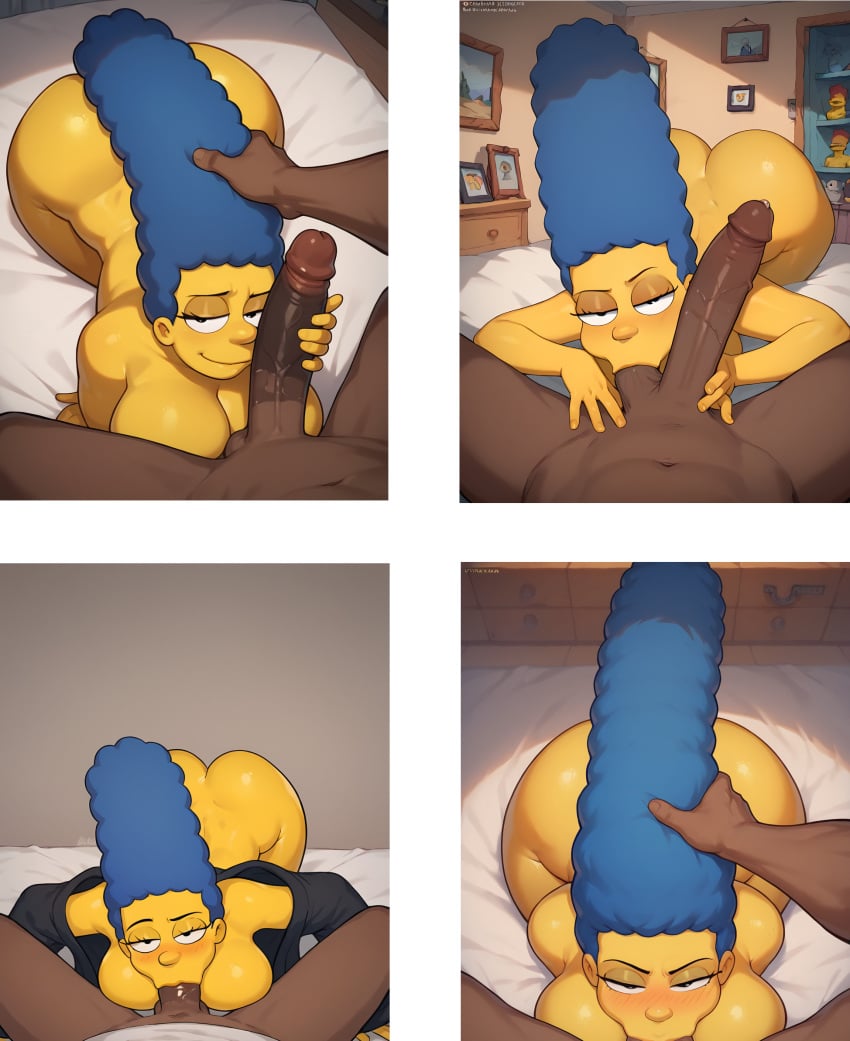 1boy 1girls 20th_century_fox 20th_century_studios ai_generated ass balls big_penis blowjob blue_hair cheating cheating_wife dark-skinned_male dark_skin deepthroat erection faceless_male female forced human indoors looking_at_viewer male marge_simpson milf nice_ass nude nude_female nude_male oral oral_sex penis straight the_simpsons unseen_male_face voloeil yellow_skin