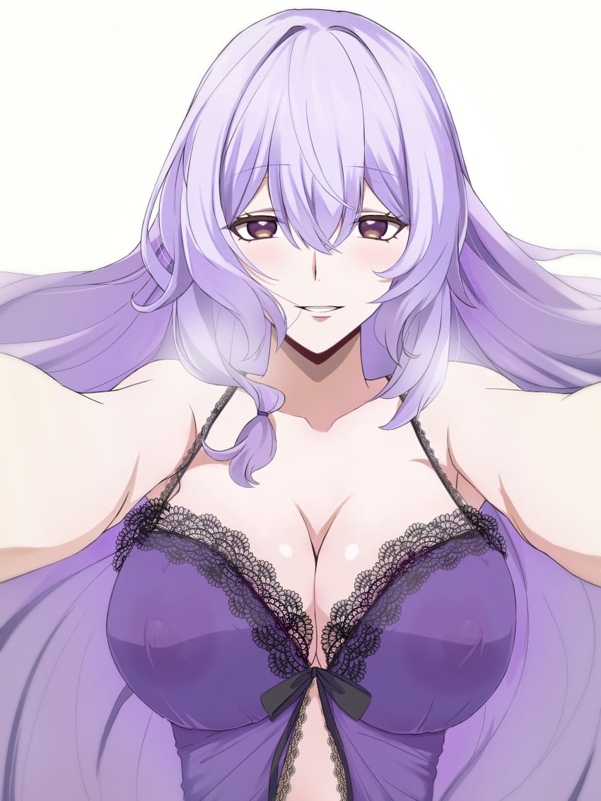 babydoll bare_shoulders black_swan_(honkai:_star_rail) blush breasts cleavage collarbone covered_nipples female frilled_babydoll hair_spread_out highres honkai:_star_rail honkai_(series) large_breasts lingerie long_hair looking_at_viewer navel negligee no_bra open_mouth purple_babydoll purple_eyes purple_hair saint_laurent_paris see-through_clothes smile solo underwear underwear_only very_long_hair yellow_eyes