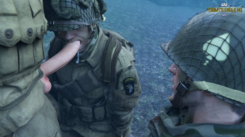 army blowjob exhibitionism gay gay_male gay_sex male medal_of_honor_airborne military oral oral_sex outdoors soldier soldiers threesome tommys_eagle_hq uniform ww2