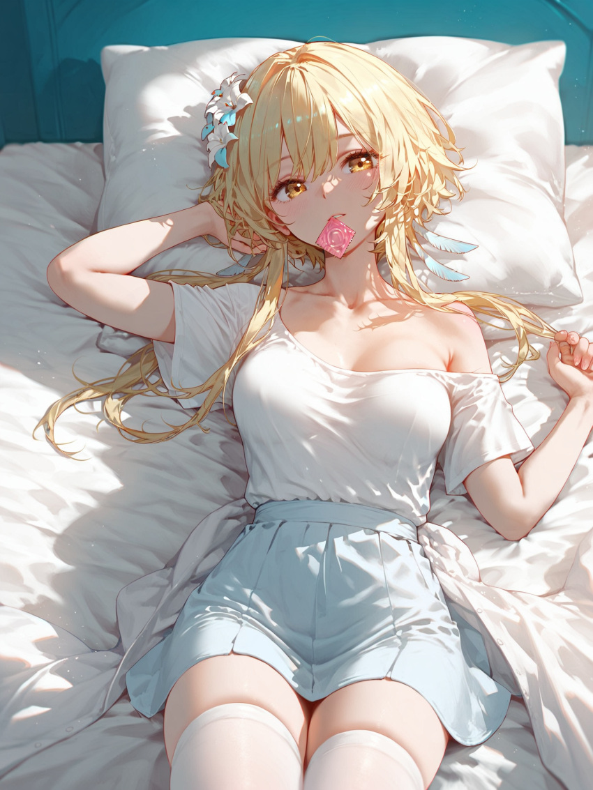 absurd_res ai_generated blonde_hair condom_wrapper condom_wrapper_in_mouth genshin_impact laying_down laying_on_bed looking_at_viewer lumine_(genshin_impact) ministro pillow sex_invitation