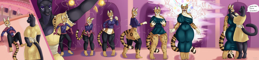 absurd_res age_progression age_transformation alternate_costume angry anthro big_breasts black_body black_fur blush body_size_growth breast_growth breasts clothed clothing clothing_swap colored dialogue dress duo english_text expansion felid feline female fur gender_transformation genitals growth happy hi_res identity_death larger_female long_image male mammal mature_female memory_modification mind_alteration mtf_transformation nipple_outline pantherine partially_clothed personality_change pussy reality_shift sequence shinyloogi size_difference size_transformation speech_bubble surprised_expression text thick_thighs thigh_expansion transformation wide_image yellow_body yellow_fur