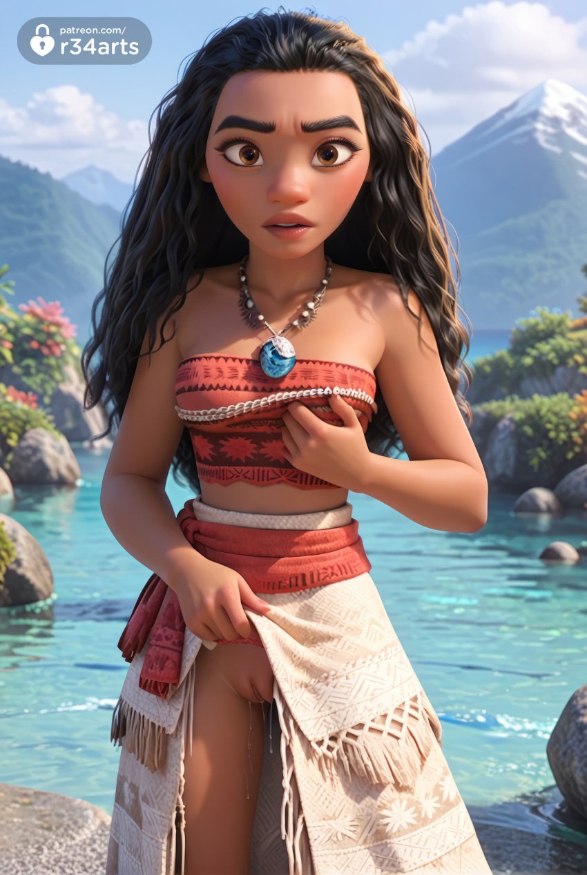 1girls ai_generated artist_name bare_arms bare_shoulders black_hair breasts brown_eyes clothes_lift collarbone cowboy_shot dark-skinned_female dark_skin day disney disney_princess forehead hair_slicked_back hi_res jewelry lifted_by_self lips long_hair looking_at_viewer moana moana_2 moana_waialiki mountain necklace no_panties outdoors parted_lips pussy pussy_juice r34arts rock skirt skirt_lift sky solo standing strapless tube_top tweaking_own_nipple uncensored water