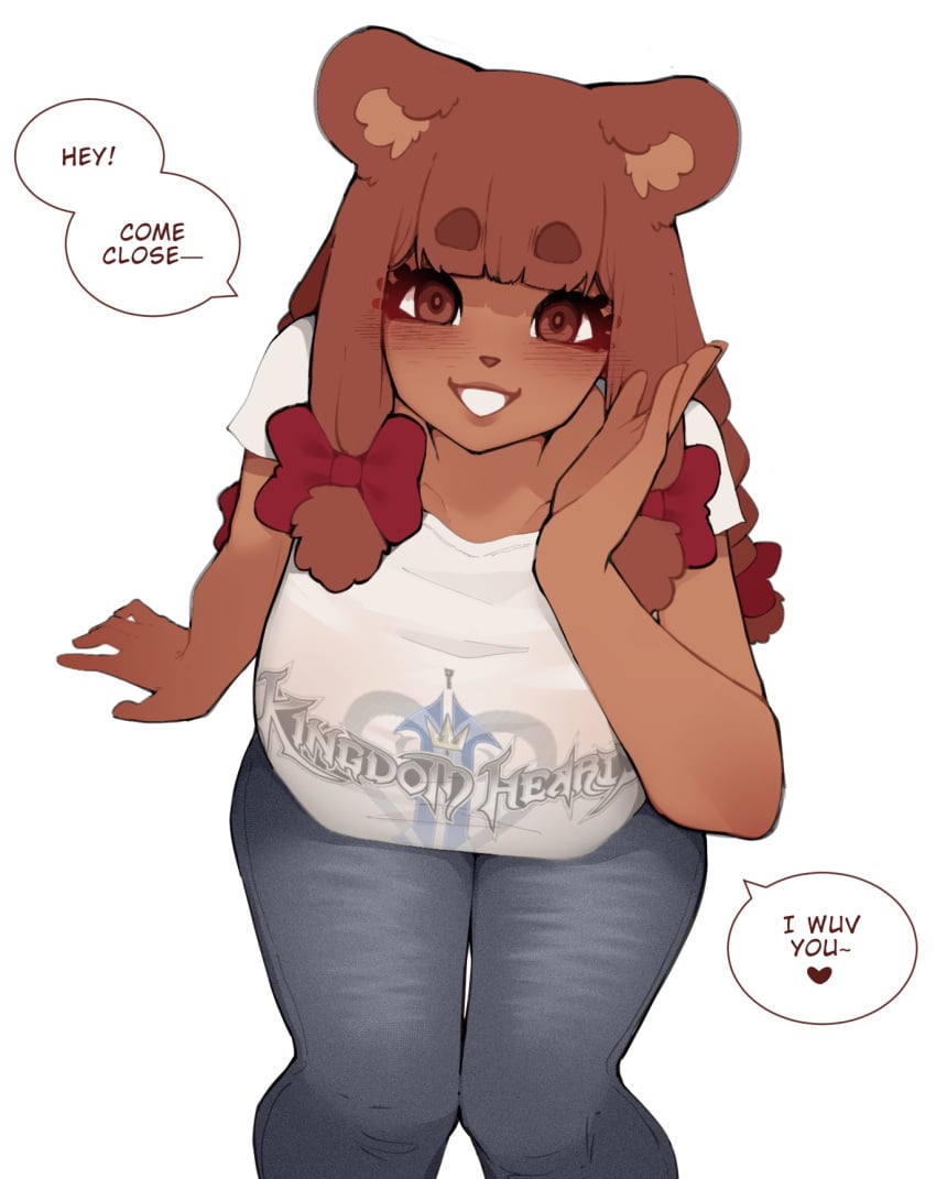 1girls anthro bear_ears bear_girl beau_(luxurias) big_breasts blush brown_body brown_eyes brown_hair dialogue english_text eyebrows_visible_through_hair female female_only hair_ribbon hi_res i_love_you long_hair looking_at_viewer low_twintails luxurias smiling smiling_at_viewer solo speech_bubble talking_to_viewer ursid ursid_humanoid white_background wholesome