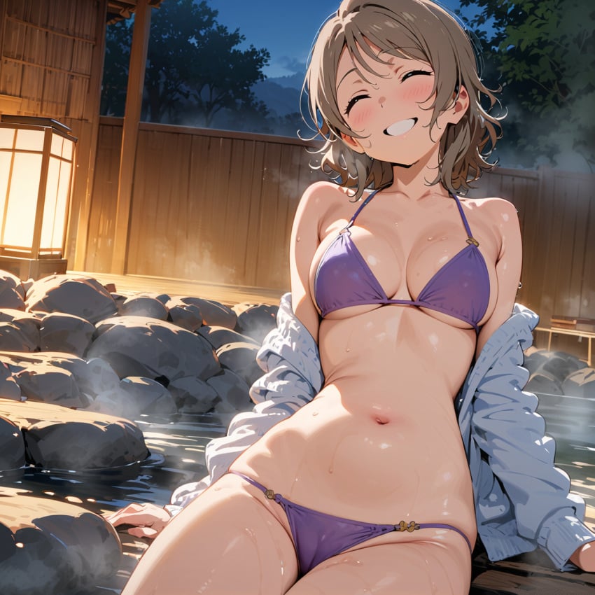 ai_generated bikini breasts brown_hair cleavage closed_eyes female love_live! love_live!_sunshine!! medium_breasts navel onsen short_hair smile solo stomach swimsuit watanabe_you wet