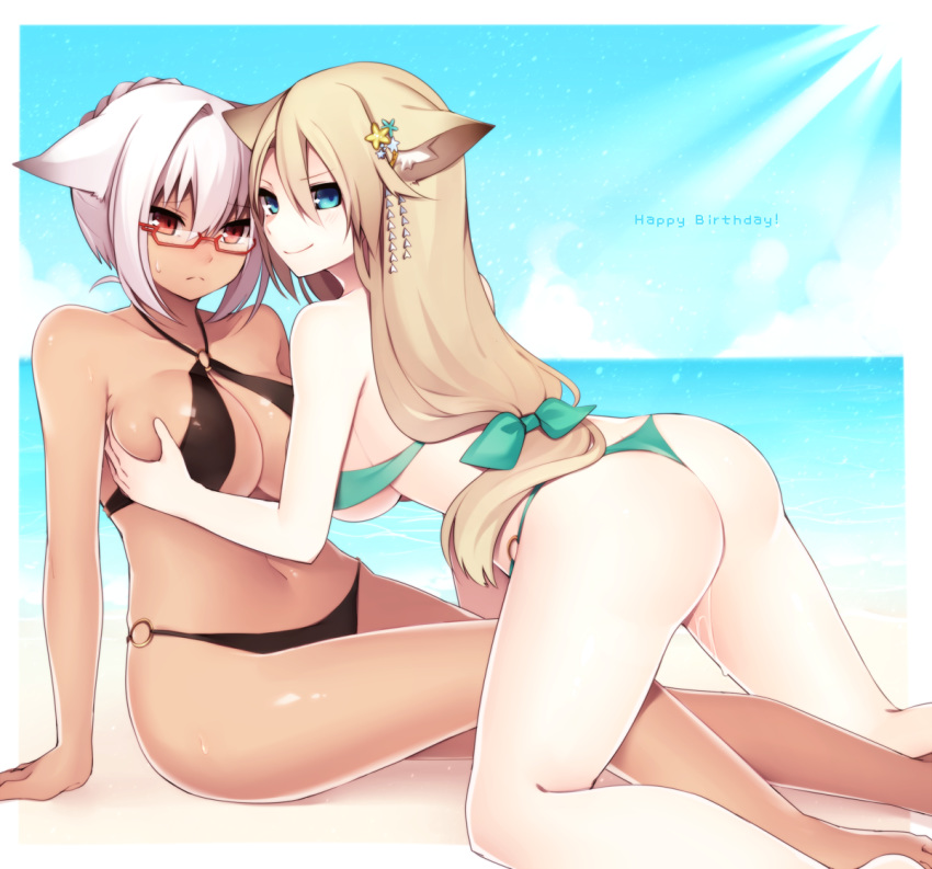 2girls all_fours animal_ears aqua_bikini aqua_eyes bare_legs beach bikini black_bikini blonde_hair bocas_top breast_grab breasts cloud dark_skin glasses hair_ornament horizon large_breasts lavender_hair long_hair low-tied_long_hair multiple_girls muryou navel o-ring_bikini o-ring_top ocean phantasy_star phantasy_star_online_2 red-framed_glasses red_eyes semi-rimless_glasses short_hair sitting sky smile sunlight sweatdrop swimsuit under-rim_glasses