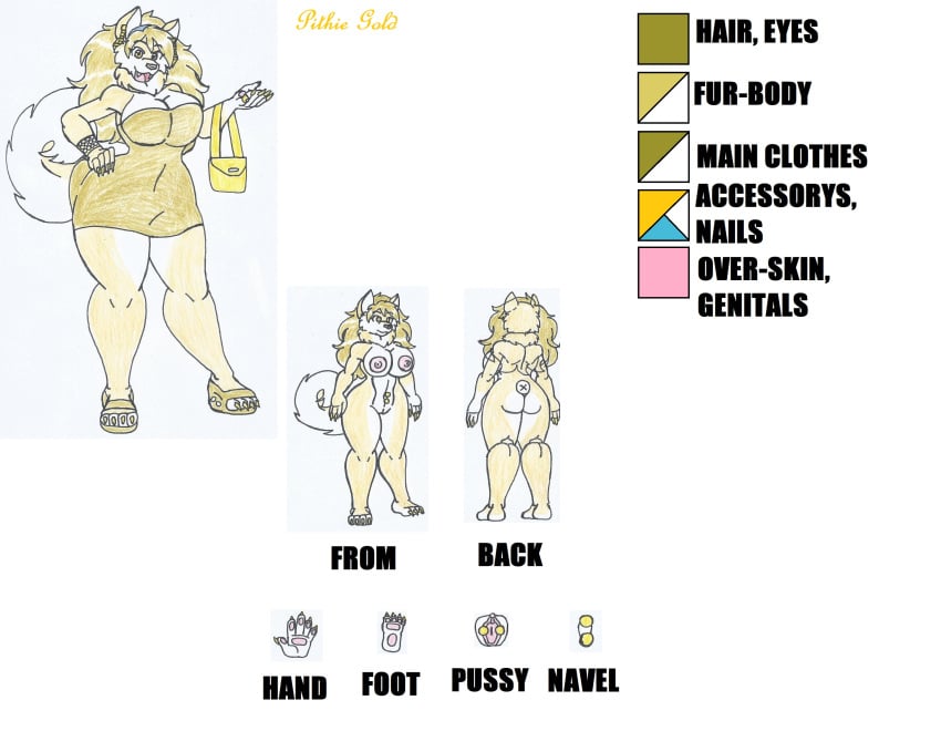 anthro beige_fur beige_hair big_breasts big_hips bow_in_hair bracelet clogs diamond_(gem) dog_girl earrings fluffy_fur furry gold_(metal) gold_eyes gold_jewelry hair_up high_heels marlon64 model_sheet naked_female original original_character pierced_navel pierced_pussy piercings pithie_gold_(waifuland) pomeranian reference_sheet ring short_dress short_girl shoulder_bag solo_female traditional_drawing_(artwork) waifuland white_background white_fur