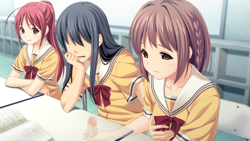 2girls black_hair breast_grab brown_eyes brown_hair censored crossdressing game_cg highres kitami_minamo koigakubo_chihaya koutaro long_hair mosaic_censoring multiple_girls penis ponytail red_hair short_hair smile table tied_hair trap tropical_vacation twinkle_soft