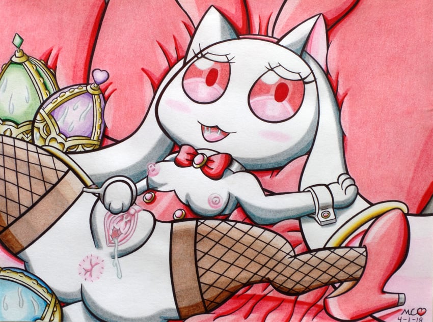 2018 anus breasts bunny_costume clothing costume easter female fishnet fishnet_legwear footwear fur high_heels holidays incubator_(species) jewelry kyuubee legwear looking_at_viewer lying mahou_shoujo_madoka_magica mixed_media mukucookie no_humans on_back open_mouth pillow pussy pussy_juice saliva saliva_string shoes solo soul_gem spread_legs spread_pussy spreading traditional_media_(artwork) white_fur