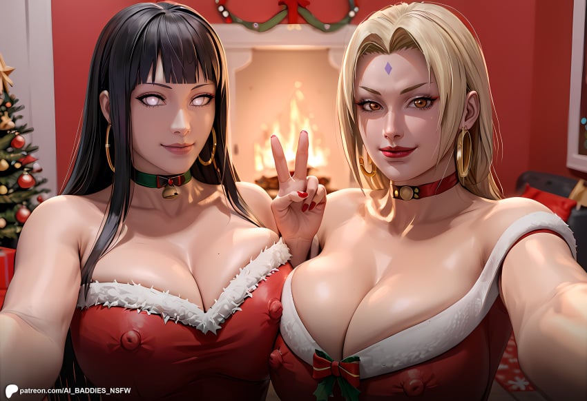 ai_assisted ai_baddies ai_generated asian asian_female bangs blonde_hair brown_eyes christmas christmas_outfit close-up cowboy_shot dark_hair festive gift holidays hyuuga_hinata inside large_breasts light-skinned_female light_skin looking_at_viewer naruto naruto_(series) naruto_shippuden ninja no_pupils party patreon patreon_link patreon_logo patreon_url patreon_username peace_sign purple_eyes red_dress santa_costume santa_hat selfie shinobi smirk tsunade