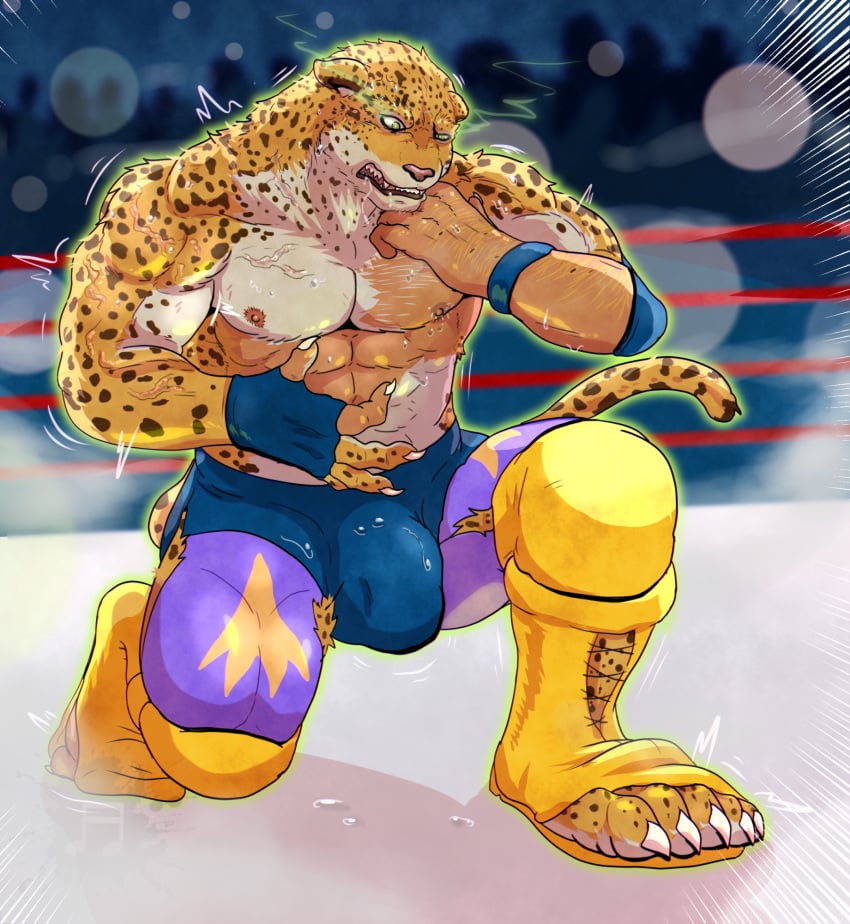 1boy audiophilliac bulge drooling erection jaguar king_(tekken) male_only muscles muscular muscular_male ripped_clothing spotted_fur sweating tail tekken tekken_8 tight_clothing tights transformation wrestling wrestling_outfit wrestling_ring