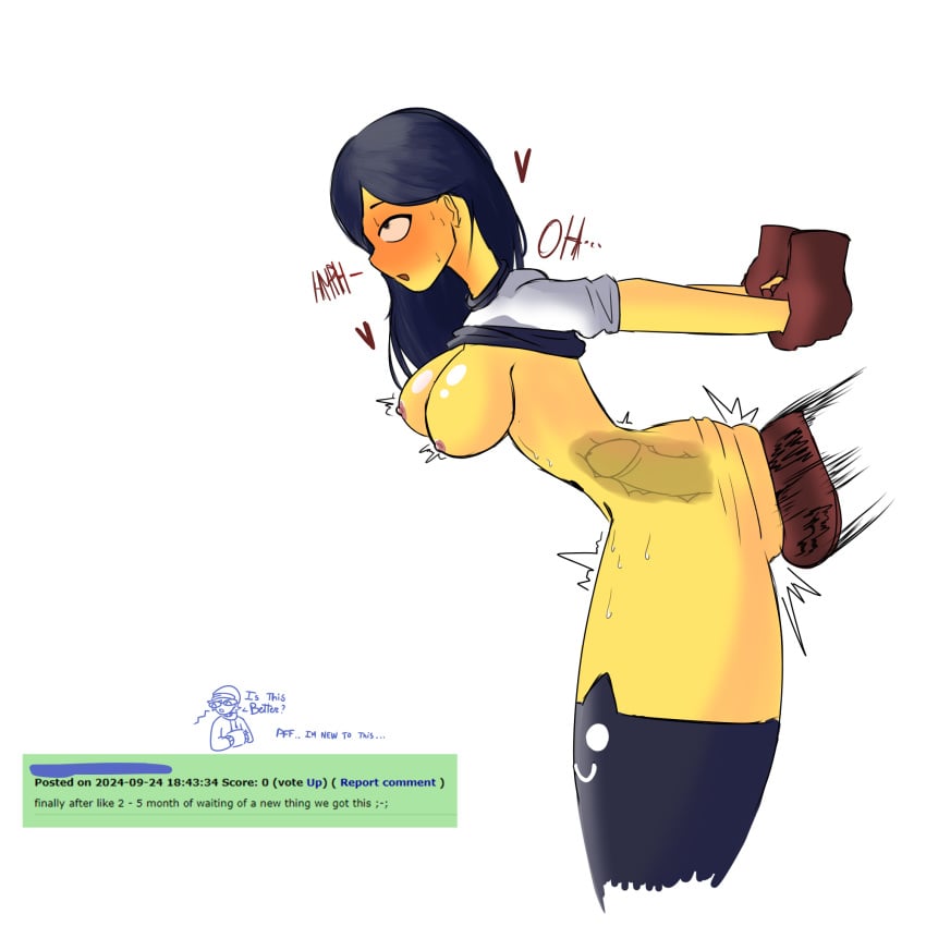 1boy 1girls 2d 2d_(artwork) 2d_artwork bingsuey black_hair blacked breasts disembodied_penis hoodie lime_(sol's_rng) mostly_nude no_panties no_pants roblox roblox_game robloxian shirt_lift side_view sol's_rng tagme thighhighs x-ray yellow_skin