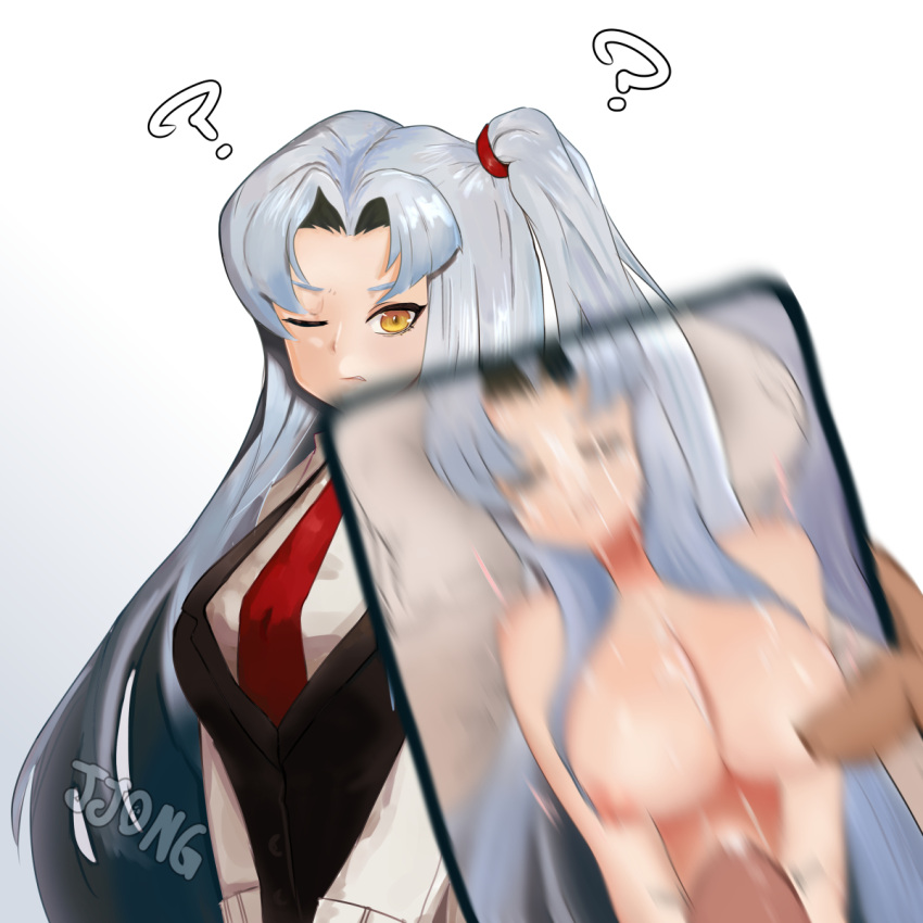 angela_(lobotomy_corporation) cum_on_body female grey_hair jjong lobotomy_corporation looking_at_viewer one_eye_closed phone pov project_moon sleeping