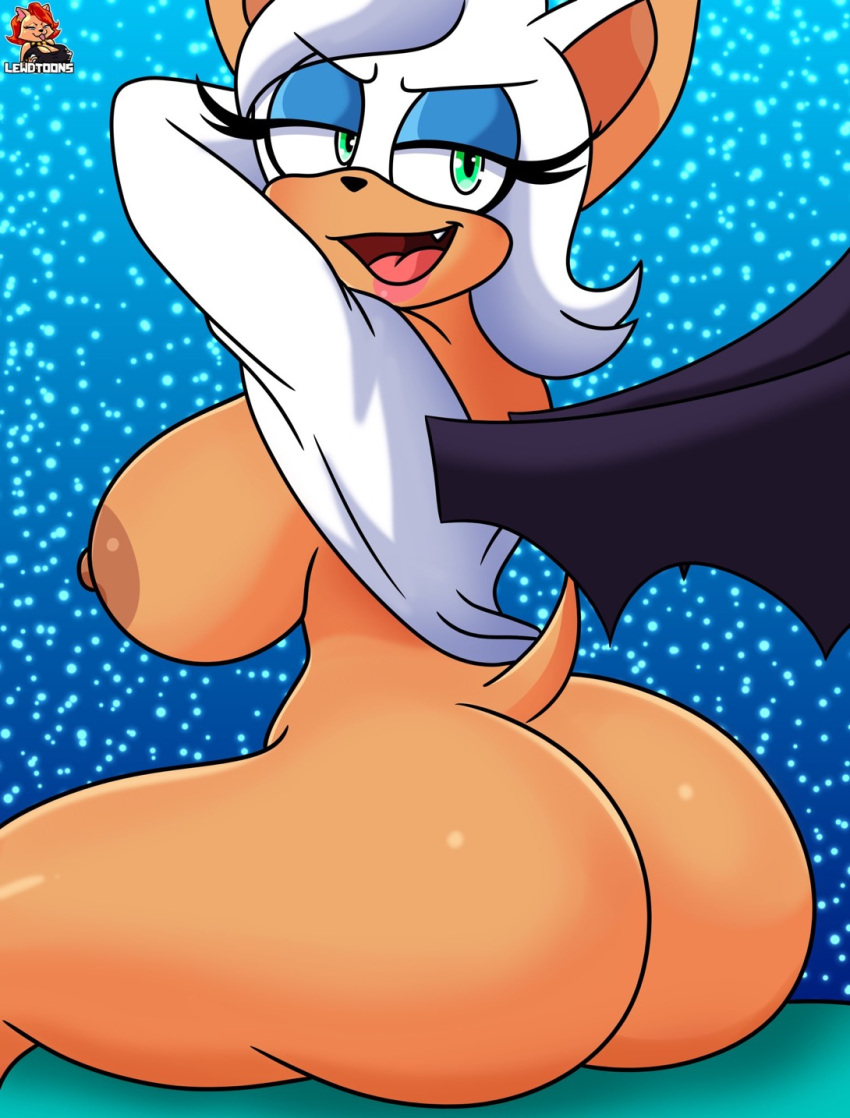 1girls anthro ass bat bat_wings breasts chiropteran fang female green_eyes large_breasts lewdtoons mobian_(species) open_mouth rouge_the_bat sideboob sonic_(series) sonic_the_hedgehog_(series) white_hair wings