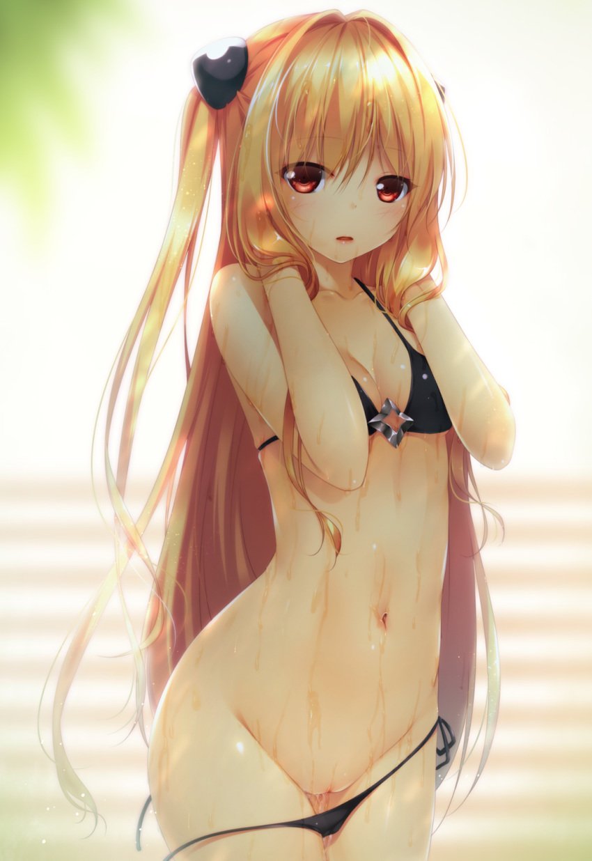 bikini black_bikini blonde_hair blush breasts cleavage female hair_intakes hair_ornament highres konjiki_no_yami long_hair looking_at_viewer navel open_mouth pussy red_eyes shokuyou_mogura side-tie_bikini solo swimsuit tied_hair to_love-ru to_love-ru_darkness twintails uncensored untied untied_bikini very_long_hair wet