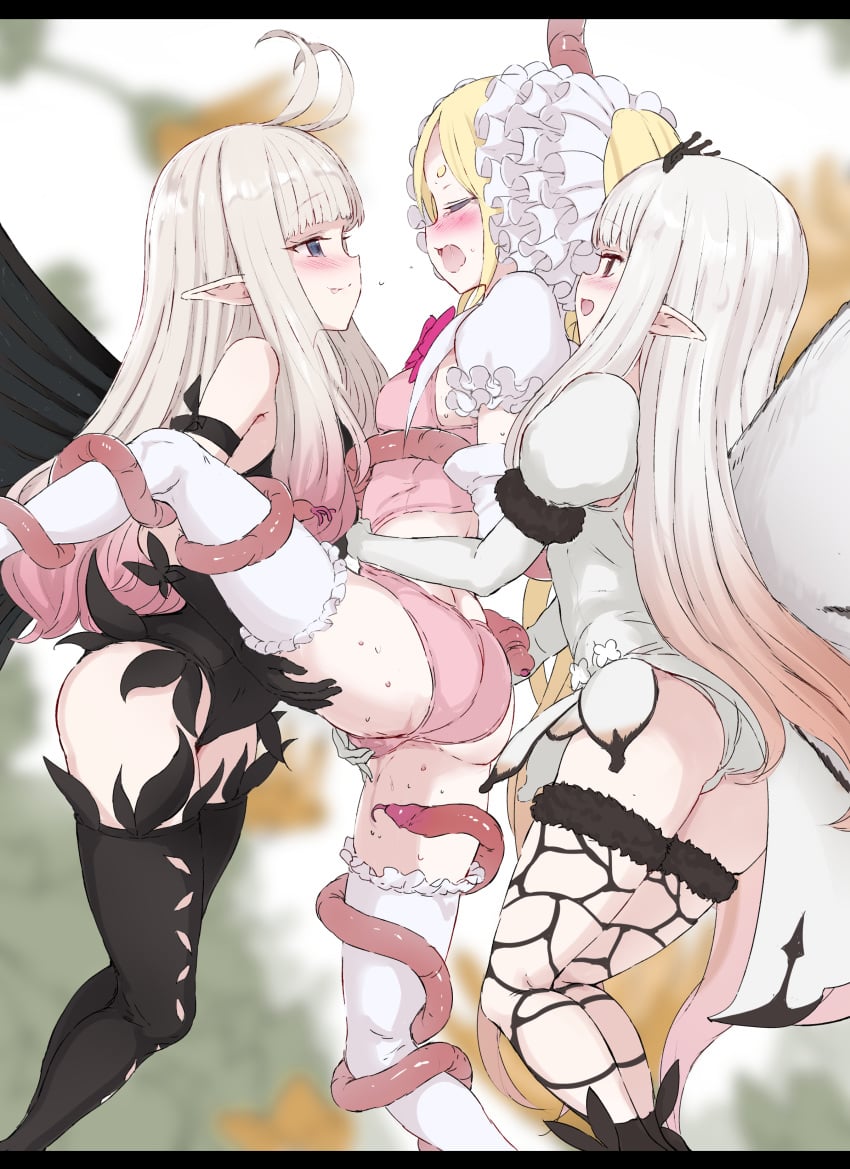 3girls :p absurdres airy_(bravely_default) anne_(bravely_second) antenna_hair arms_behind_back ass black_gloves black_leotard black_thighhighs black_wings blonde_hair blue_eyes blush boots bound bound_arms bravely_default:_brilliant_lights bravely_default:_flying_fairy bravely_default_(series) bravely_second:_end_layer butterfly_wings closed_eyes commission commissioner_upload crossover elbow_gloves eye_contact face-to-face fairy fairy_wings fingering gloves grabbing grabbing_from_behind gulp5959 hana_koi_(gulp5959) highres insect_wings leg_up leotard long_hair looking_at_another moaning multiple_girls open_mouth original pink_leotard pointy_ears pussy_juice restrained skeb_commission smile spread_legs tentacle thigh_boots thighhighs tongue tongue_out torso_grab very_long_hair white_gloves white_hair white_leotard white_thighhighs white_wings wings yuri