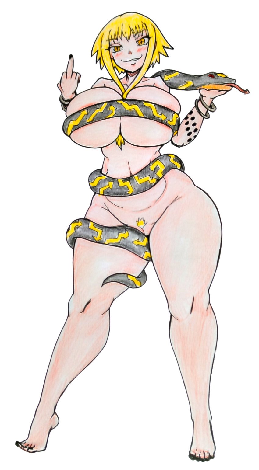 barefoot big_breasts breasts completely_naked completely_naked_female completely_nude completely_nude_female massive_breasts medusa_gorgon middle_finger milf naked nude painted_toenails snake soul_eater tattoo tattoos witch yellow_hair