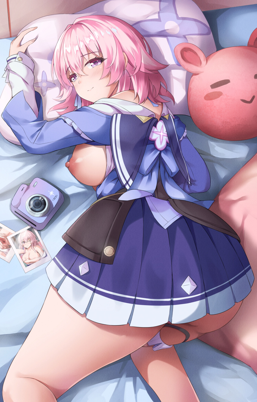 1girls breasts_out breasts_out_of_clothes camera honkai:_star_rail honkai_(series) march_7th_(honkai:_star_rail) photograph pillow pillow_grab pink_hair zuikillme