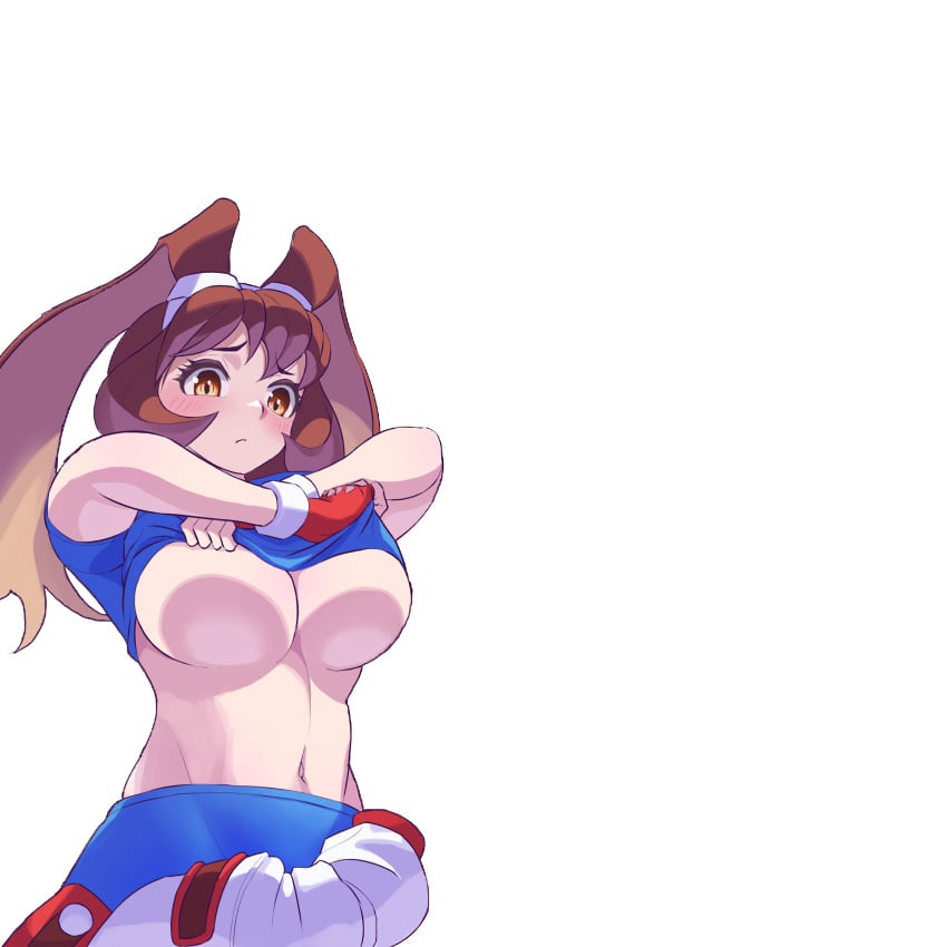 1girls animal_ears arina_makihara big_breasts blush breasts brown_eyes brown_hair busty closed_mouth clothes_lift ema_(emaura) female female_only fingerless_gloves gloves highres large_breasts lifted_by_self looking_down makihara_arina midriff navel pants rabbit_ears rabbit_girl red_gloves sensual solo spandex underboob undressing voluptuous waku_waku_7