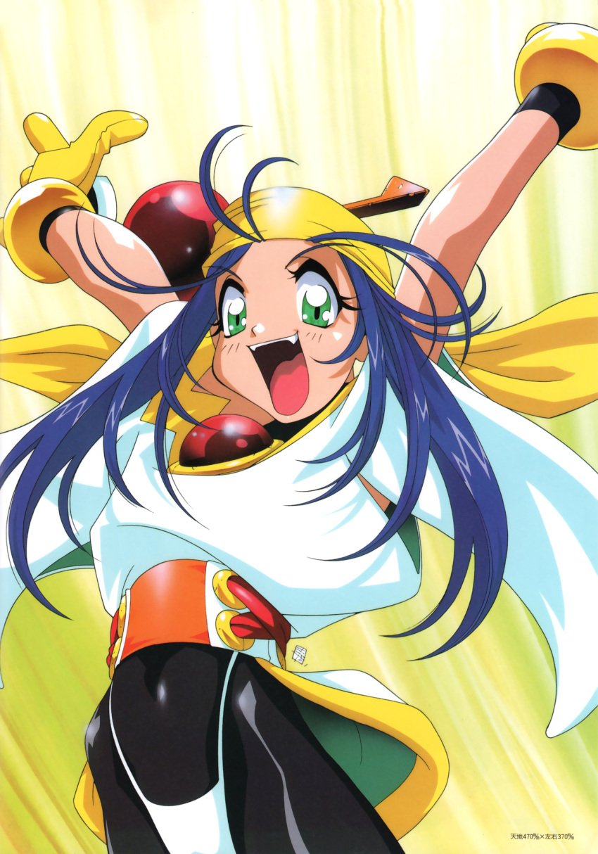 1990s_(style) android arms_up bandana blue_hair breasts female gloves highres kotobuki_tsukasa light-skinned_female light_skin lime_(saber_j) long_hair oerba_yun_fang open_mouth retro_artstyle saber_marionette_j solo spandex yellow_background